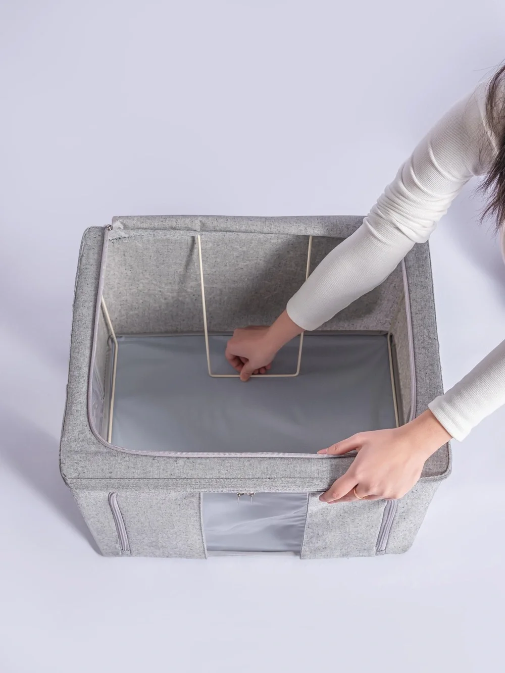 Grey Fabric Storage Boxes with Clear Window - Set of 2